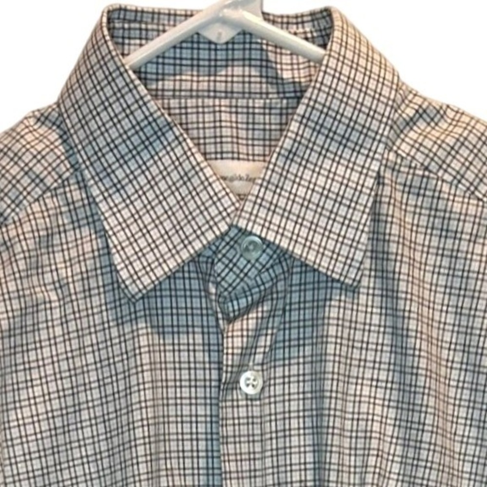 Ermenegildo Zegna Button Down Shirt 16 Men White Black Blue Plaid Comfort Fit